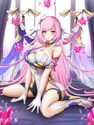  akayuki471 artist_name bare_legs bare_shoulders bell black_shorts boots breasts cleavage closed_mouth clothing_cutout corset crystal_flower crystal_shards detached_sleeves elf elysia_(honkai_impact) elysia_(miss_pink_elf)_(honkai_impact) female gloves groin hair_between_eyes high_heel_boots high_heels highres honkai_(series) honkai_impact_3rd indoors large_breasts long_hair micro_shorts pink_hair pointy_ears purple_eyes seiza short_sleeves shorts side_cutout sitting smile solo very_long_hair white_corset white_footwear white_gloves white_veil 