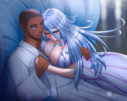  1male1female beautiful_females blue_eyes blue_hair blushing_female breast_focus breasts chain_necklace cleavage_cutout cleavage_dress cleavage_window cryophoenix dark-skinned_male deep_cleavage embrace hair_down hand_on_hip holding_hands huge_breasts hyou-ou interracial koori_sada priestess romantic_couple romantic_night snow_priestess wholesome 