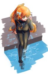  1girls big_breasts female female_only freckles ginger ginger_hair green_eyes ishmael_(limbus_company) limbus_company long_hair orange_hair ponytail project_moon rubber_suit sitting tagme upscaled water wetsuit 