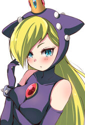  blonde_hair blue_eyes blush bracelet breasts crown elbow_gloves expressionless female gem gloves highres hood jewelry long_hair looking_at_viewer mario_(series) mario_power_tennis mario_tennis mini_crown nekonomiya_mikoto sleeveless solo spiked_bracelet spikes turtleneck upper_body warupeach 