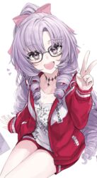  bag_(chrko_bag) black-framed_eyewear blush chest_tattoo claw_ring collarbone drill_hair female highres hyakumantenbara_salome hyakumantenbara_salome_(casual) jacket long_hair looking_at_viewer multicolored_clothes multicolored_jacket nijisanji open_mouth pink_ribbon purple_eyes purple_hair red_jacket red_shorts ribbon scorpion_tattoo shirt short_shorts shorts simple_background sitting smile tattoo two-tone_jacket v virtual_youtuber white_background white_jacket white_shirt 