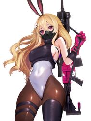  animal_ears armpit_crease assault_rifle black_footwear black_gloves black_jacket blonde_hair breasts brown_dust_2 brown_thighhighs covered_navel cropped_jacket detached_sleeves fake_animal_ears feet_out_of_frame female gloves groin gun gun_on_back gun_sling hair_between_eyes hair_ornament highres jacket large_breasts latex latex_thighhighs leotard liatris_(brown_dust) long_hair looking_at_viewer pantyhose pink_gloves rabbit_ears red_eyes respirator rifle sdorica0127 sideboob simple_background skindentation skull_hair_ornament sleeveless sleeveless_jacket solo thick_thighs thigh_strap thighhighs thighs very_long_hair weapon weapon_on_back white_background white_leotard 