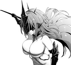  alsace_(azur_lane) armpit_crease azur_lane azur_lane:_slow_ahead bare_shoulders between_breasts black_gauntlets black_tiara breast_strap breasts covered_navel female gauntlets greyscale hori_(hori_no_su) huge_breasts long_hair masked monochrome official_art parted_lips revealing_clothes simple_background solo tiara very_long_hair white_background 