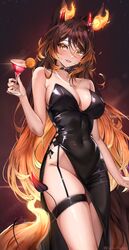  absurdres animal_ears black_choker black_dress breasts brown_hair choker cocktail_glass covered_navel cup demon_girl demon_horns demon_tail dress drinking_glass female fiery_ears flame-tipped_tail garter_straps highres horns indie_virtual_youtuber large_breasts long_hair multicolored_hair orange_fire rinkosannn side_slit sinder_(vtuber) solo strapless strapless_dress streaked_hair tail thigh_strap virtual_youtuber wolf_ears wolf_girl wolf_tail yellow_eyes 