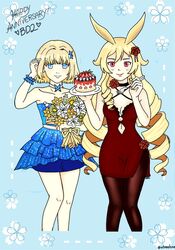  2girls animal_ears black_choker blonde_hair blue_background blue_dress blue_eyes blue_wrist_cuffs bouquet breasts brown_dust_2 brown_thighhighs cake choker cleavage closed_mouth clothing_cutout copyright_name cropped_legs curly_hair dress english_text floral_background flower food fork frilled_dress frilled_wrist_cuffs frills fruit hair_flower hair_ornament hand_in_own_hair happy_anniversary highres holding holding_bouquet holding_fork holding_plate justia_(brown_dust) large_breasts liatris_(brown_dust) light_blush lipstick long_hair looking_at_viewer makeup multiple_girls neck_flower pantyhose plate rabbit_ears red_dress red_eyes short_hair small_breasts smile strawberry thighhighs very_long_hair wrist_cuffs wtrmelona 