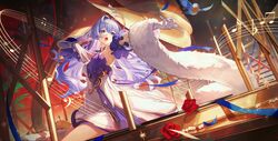  6890390145 absurdres arms_up blue_eyes bracelet commentary_request cowboy_shot detached_sleeves dress falling_feathers feathers female floating_hair flower fur_shawl gloves hair_intakes halo head_wings highres honkai:_star_rail honkai_(series) jewelry long_hair music musical_note musical_note_ornament open_mouth pearl_bracelet purple_dress purple_hair purple_sleeves red_flower red_rose robin_(bird) robin_(honkai:_star_rail) rose shawl singing sitting solo strapless strapless_dress two-tone_dress very_long_hair white_dress white_gloves wings 