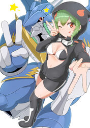  absurdres armor bike_shorts bikini bikini_top_only black_bikini black_footwear black_jacket black_shorts black_socks blue_armor boots breasts cleavage commentary digimon digimon_(creature) digimon_world_re:digitize double_vertical_stripe dragon female full_body goggles goggles_around_neck green_hair gyaru_v hair_between_eyes hair_ornament highres hood hood_up hooded_jacket jacket knee_boots long_sleeves looking_at_viewer medium_breasts navel one_eye_closed orange_eyes over-kneehighs partially_unzipped red_eyes shinomiya_rina short_hair short_hair_with_long_locks shorts sidelocks simple_background smile socks squatting standing star_(symbol) swimsuit thighhighs tongue tongue_out two-tone_bikini ulforcev-dramon v white_background white_bikini x_hair_ornament yamamoto_zetta 