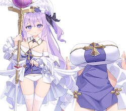  ass_visible_through_thighs azur_lane bare_shoulders black_bow blue_dress blue_hat blush bow bow_panties breasts cleavage closed_mouth clothes_lift cross detached_sleeves dress dress_lift female hair_between_eyes hair_bun hairbow hat highres holding holding_staff large_breasts latin_cross lifting_own_clothes long_hair long_sleeves low_wings multiple_views official_alternate_costume one_side_up orb panties purple_eyes purple_hair satsuki_yukimi simple_background single_side_bun staff thighhighs underwear unicorn_(azur_lane) unicorn_(snow_white_guardian_angel)_(azur_lane) very_long_hair white_background white_dress white_panties white_sleeves white_thighhighs white_wings wide_sleeves wings 