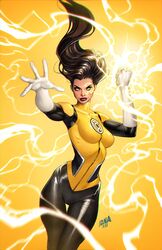  alternate_costume black_bodysuit bodysuit breasts brown_hair clenched_hand david_nakayama dc_comics female gloves green_lantern_(series) highres initial jessica_cruz long_hair looking_at_viewer magic medium_breasts red_lips sinestro_corps solo thigh_gap two-tone_bodysuit white_gloves yellow_background yellow_bodysuit yellow_eyes yellow_lantern 