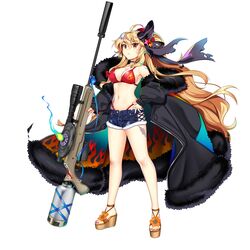  ahoge alternate_costume anti-materiel_rifle bikini black_bow black_coat blonde_hair bow breasts cleavage closed_mouth coat female flame_print full_body game_cg gun hairbow highres kirisame_marisa kirisame_marisa_(witch_of_scarlet_dreams) kirisame_marisa_(witch_of_scarlet_dreams_on_vacation) large_breasts long_hair looking_at_viewer mini-hakkero official_art red_bikini red_nails rifle rotte_(1109) scope simple_background sniper_rifle solo standing star_(symbol) suppressor swimsuit third-party_source touhou touhou_lostword weapon white_background 