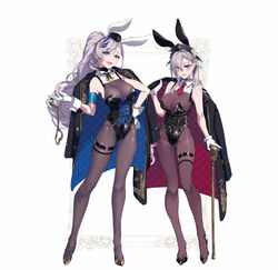  2girls animal_ears asymmetrical_legwear black_coat black_corset breasts cane coat coat_on_shoulders commentary_request corset creator_connection cuffs fishnets gloves handcuffs high_heels highres holding holding_handcuffs hololive hololive_indonesia large_breasts looking_at_viewer multiple_girls pavolia_reine playboy_bunny pochi_(pochi-goya) pochimaru_(vtuber) pochimaru_(vtuber)_(4th_costume) rabbit_ears ribbon virtual_youtuber white_gloves 