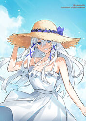  absurdres bare_shoulders blue_eyes blue_sky breasts brown_hat cleavage cloud cloudy_sky commission dress female grin hair_between_eyes hair_ornament hat highres long_hair looking_at_viewer maplesights medium_breasts mole mole_on_breast nijisanji nijisanji_en sky sleeveless sleeveless_dress smile solo sun_hat twitter_username victoria_brightshield virtual_youtuber white_dress white_hair x_hair_ornament 