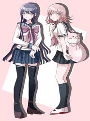  2girls alternate_costume animal_bag black_footwear black_sailor_collar black_skirt black_thighhighs bow bowtie breasts brown_hair cat_bag danganronpa:_trigger_happy_havoc danganronpa_(series) danganronpa_2:_goodbye_despair from_side galaga hair_ornament ikemen&#039;na_ore-shi long_hair long_sleeves maizono_sayaka medium_breasts medium_hair multiple_girls nanami_chiaki pink_bag pleated_skirt red_bow red_bowtie sailor_collar school_uniform skirt smile thighhighs white_footwear 