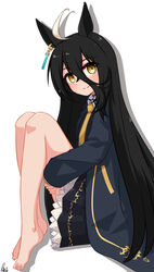  absurdres ahoge animal_ears barefoot black_coat black_hair black_skirt closed_mouth coat collared_shirt drop_shadow earrings feet female hair_between_eyes highres horse_ears hugging_own_legs jewelry knees_up legs lexis_yayoi long_hair long_sleeves looking_at_viewer looking_to_the_side manhattan_cafe_(umamusume) multicolored_hair necktie petticoat shirt signature simple_background single_earring skirt smile solo streaked_hair toes umamusume white_background yellow_eyes yellow_necktie 