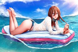  absurdres ass barefoot bikini bikini_under_clothes blue_bikini blue_eyes blue_sky breasts brown_hair cleavage cloud day feet feet_up female from_side full_body go-toubun_no_hanayome headphones headphones_around_neck highres inflatable_raft j_humbo long_bangs long_hair looking_at_viewer lying medium_breasts nakano_miku ocean on_stomach outdoors parted_lips shirt sky soles solo swimsuit the_pose thighs toes water wet wet_clothes wet_shirt 