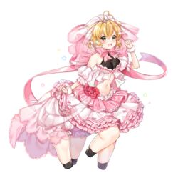  ahoge animal_ears artist_request back_ribbon bare_shoulders blonde_eyebrows blonde_hair blush bow breasts centauroid choker cleavage cross-laced_clothes cross-laced_dress detached_sleeves dress dress_bow dress_flower female final_gear flower frilled_dress frills full_body hair_between_eyes hair_ears hair_tie heart heart_ahoge highres horizontal-striped_sleeves lace-trimmed_veil lace_trim leg_up looking_at_viewer midriff navel official_art open_mouth pink_bow pink_flower pink_rose pink_sleeves pink_veil polka_dot polka_dot_dress puffy_sleeves ribbon_choker rose see-through see-through_cleavage see-through_veil short_hair short_sleeves short_twintails simple_background solo standing_on_three_legs striped_bow sweety_(final_gear) tachi-e taur teeth third-party_source transparent_background twintails upper_teeth_only veil white_tiara yellow_eyes 