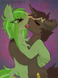  absurd_res brown_body brown_hair chest_to_chest closed_eyes cutie_mark duo ears_down earth_pony equid equine fan_character female female/female feral french_kissing fur green_body green_eyes green_hair hair half-closed_eyes hasbro heart_symbol hi_res hooves horn horse hug hugging_another hugging_belly kiss_on_lips kissing looking_at_another looking_at_partner making_out mammal my_little_pony mythological_creature mythological_equine mythology narrowed_eyes nose_to_nose pink_tongue pivoted_ears pony purple_background red_tongue shieshuqqq simple_background tongue tongue_out tongue_twister unicorn 