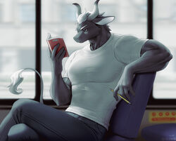  anthro black_body black_fur book bottomwear bovid bovine cattle clothing fur hair holding_object holding_pen horn looking_at_book looking_at_object male mammal muscular muscular_anthro muscular_male pants pen reading reading_book sd_planb shirt sitting solo t-shirt topwear white_hair 