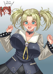  2girls absurdres blush bouncing_breasts breasts choker commentary commission droite_(tales) earrings english_commentary english_text gauche_(tales) green_eyes green_hair green_nails hair_rings hands_up highres jewelry large_breasts motion_lines multiple_girls open_mouth red_eyes red_hair rynn_(darknescorez) short_hair siblings sidelocks simple_background sisters skirt skull_brooch surprised tales_of_(series) tales_of_vesperia twins twintails unaligned_breasts 