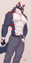  abs absurd_res anthro belt black_nose blue_body blue_fur bottomwear canid canine canis claws clothing crotch_tuft eyewear eyewear_on_head fluffy fur gloves goggles goggles_on_head grey_bottomwear grey_clothing grey_pants handwear hanukami hi_res male mammal markings muscular muscular_anthro muscular_male nipples pants pecs pink_nipples red_body red_fur red_markings shirtless shirtless_anthro shirtless_male signature simple_background solo tuft wolf zali_47 