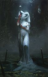  armlet arthurian_legend artist_name blood blood_on_hands bracelet breasts breath claymore_(sword) covered_navel covered_nipples dark dress female flower fog full_body hair_ornament highres holding jewelry lady_of_the_lake lily_pad solo sword teradiam veil weapon wet wetland white_dress white_flower white_veil 