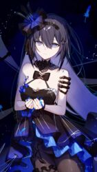  bare_shoulders black_dress black_hair blue_eyes blue_flower blue_hair breasts closed_mouth colored_inner_hair dress female flower hair_between_eyes hair_flower hair_ornament highres honkai_(series) honkai_impact_3rd karamaru626 long_hair multicolored_hair official_alternate_costume seele_vollerei seele_vollerei_(herrscher_of_rebirth) smile solo 