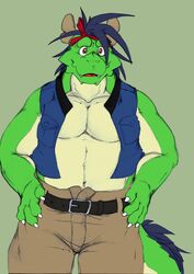  2024 anthro bandana belly belt black_hair clawed_fingers clothed clothing dragon eastern_dragon eyebrows green_body green_scales hair hands_on_waist hi_res hopelesshighschool kerchief khaki_shorts male morenatsu musclegut muscular mythological_creature mythological_scalie mythology open_clothing open_topwear open_vest pecs scales scalie solo tail_hair tan_body tan_scales tatsuki_(morenatsu) thick_eyebrows topwear vest 