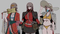  absurdres alternate_costume alternate_hairstyle bandage_over_one_eye bikini breasts chinese_clothes fate/grand_order fate_(series) female florence_nightingale_(chaldea_lifesavers)_(fate) florence_nightingale_(divine_princess_of_the_storm)_(fate) florence_nightingale_(fate) florence_nightingale_(third_ascension)_(fate) food glaring grin hat highres holding holding_clothes holding_hat ice_cream jacket jacket_on_shoulders looking_at_viewer multiple_views pleated_skirt red_eyes savadava signature skirt smile standing swimsuit 