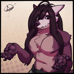  1:1 2023 anthro atokitsune atokitsune_(character) bare_chest bottomwear brown_body brown_fur canid canine chest_tuft clothing crotch_tuft dotted_background eyebrows fox fur hair long_hair male mammal moobs muscular navel pattern_background pawpads pose purple_pawpads red_body red_fur shorts simple_background solo tuft two_faced 