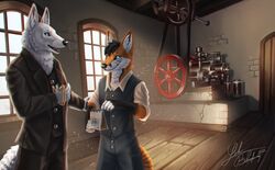  anthro canid canine canis cute_fox duo factory fox hi_res historical lekobluefang machine male male/male mammal oldtime shadelfox technic wolf wolfdog_white_wolf 