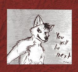  anthro arctic_fox canid canine english_text fox fur head_tuft male mammal snout solo text threatening threatening_viewer true_fox tuft wolfdog_white_wolf 