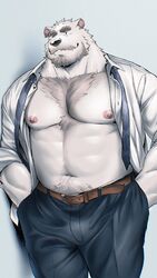  1boy animal_ears another_eidos-r bara bare_pectorals bear_boy bear_ears beard belt blue_necktie blue_pants brown_belt bulge chest_tuft collared_shirt cowboy_shot facial_hair furry furry_male gamubear grey_background hand_in_pocket highres large_pectorals looking_at_viewer loose_necktie male_focus moustache muscular muscular_male navel navel_hair necktie open_clothes open_shirt pants pectorals scar scar_across_eye shirt sigvaldi_(another_eidos) simple_background solo strongman_waist thick_eyebrows thick_neck white_fur white_shirt 