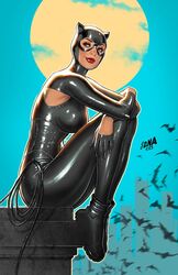  bat_(animal) batman_(series) black_bodysuit black_footwear blue_sky bodysuit boots breasts brown_eyes catwoman david_nakayama dc_comics female full_moon highres initial large_breasts looking_to_the_side moon outdoors red_lips sitting sky skyline solo whip 