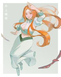  :d arm_at_side arm_up bleach bleach:_sennen_kessen-hen blush boonheur border breasts cleavage cleavage_cutout clothing_cutout commentary detached_sleeves female floating_hair full_body grey_background hair_ornament happy inoue_orihime juliet_sleeves large_breasts long_hair long_skirt long_sleeves looking_at_viewer navel open_mouth orange_eyes orange_hair parted_bangs puffy_sleeves shirt shun_shun_rikka simple_background skirt sleeveless sleeveless_shirt smile solo standing star_(symbol) star_hair_ornament teeth upper_teeth_only very_long_hair waving white_border white_shirt white_skirt 