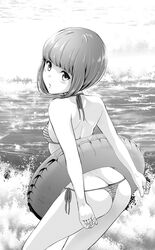  ass back bikini bob_cut butt_crack commentary_request female from_behind grey_eyes greyscale highres innertube looking_at_viewer looking_back monochrome oikawa_tooru original short_hair solo striped_bikini striped_clothes swim_ring swimsuit water 