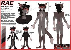  absurd_res anthro bat_symbol bedroom_eyes black_hair black_tie_(suit) clothing domestic_cat english_text felid feline felis hair hi_res highlights_(coloring) looking_at_viewer male mammal model_sheet narrowed_eyes rae_(vampimorph) red_eyes red_hair seductive solo suit text vampimorph vampire 