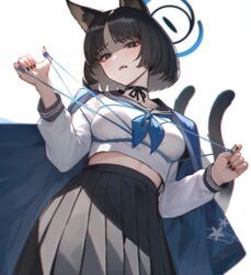  animal_ears black_choker black_eyes black_hair black_nails black_sailor_collar blue_archive blue_halo blue_neckerchief blue_string breasts cat_ears cat_tail choker commentary female halo haori highres japanese_clothes kikyou_(blue_archive) kimono_on_shoulders long_sleeves looking_at_viewer medium_breasts mellow_(srpp4843) multiple_tails neckerchief ribbon_choker sailor_collar school_uniform serafuku short_hair simple_background skirt solo tail two_tails white_background 