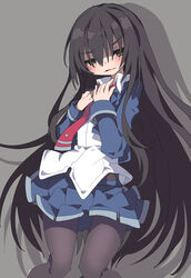  amou_kirukiru black_hair black_pantyhose blue_jacket blue_skirt brown_eyes busou_shoujo_machiavellism dangomushi drop_shadow female grey_background jacket long_hair long_sleeves looking_at_viewer necktie open_mouth pantyhose red_necktie school_uniform shirt skirt solo very_long_hair wavy_mouth white_shirt 