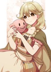  absurdres anti-kirby blonde_hair blush braid brown_eyes brown_hair cameo cape chihiro_(chihiro3399) commission dress faye_(fire_emblem) female fire_emblem fire_emblem_echoes:_shadows_of_valentia hair_between_eyes highres holding jewelry kirby_(series) long_hair low-braided_long_hair low-tied_long_hair simple_background smile solid_oval_eyes the_legend_of_zelda the_legend_of_zelda:_link&#039;s_awakening twin_braids 