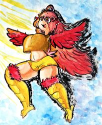  absurd_res animal_humanoid avian avian_humanoid big_breasts breasts european_mythology exposed_belly feathered_wings feathers feet female greek_mythology hair harpy harpy_humanoid hi_res humanoid light long_hair mythological_avian mythological_creature mythology red_body red_feathers red_hair sheebibites sky sunlight tail tail_feathers talons toes winged_arms wings 