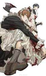  2boys absurdres alternate_costume ankle_socks apron axe bishounen black_dress black_socks blood blood_on_clothes blood_on_hands blood_on_weapon brown_footwear brown_hair character_request chinese_commentary closed_mouth commentary_request copyright_request crossdressing dress drop_earrings earrings enmaided expressionless fishnet_socks fishnets frilled_apron frilled_socks frills full_body hair_over_one_eye hairband hand_on_hilt highres holding holding_axe jewelry katana light_frown loafers long_dress long_sleeves maid maid_headdress male_focus multiple_boys niarwol over_shoulder purple_hair ring shadow sheath sheathed shoes short_hair simple_background slit_pupils socks squatting standing sword weapon weapon_over_shoulder weibo_watermark white_apron white_background white_hairband yellow_eyes 