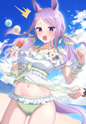  absurdres animal_ears beach blue_sky breasts cloud cloudy_sky commentary_request cowboy_shot day dress ear_ornament female food highres horse_ears horse_girl horse_tail ice_cream ice_cream_cone jewelry long_hair looking_at_viewer medium_breasts mejiro_mcqueen_(ripple_fairlady)_(umamusume) mejiro_mcqueen_(umamusume) navel necklace ocean official_alternate_costume open_mouth outdoors purple_eyes purple_hair sayosayo-0 scrunchie seashell_bracelet see-through sky solo_focus surprised tail umamusume water white_dress wrist_scrunchie 