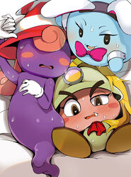  3girls animal_ears ascot blonde_hair blush bow colored_skin diz_(diznaoto) ghost_tail gloves goombella hair_over_eyes hat heart heart_in_eye helmet highres looking_at_viewer mario_(series) mining_helmet multiple_girls necktie oerba_yun_fang paper_mario paper_mario:_the_thousand_year_door peeka_(mario) pink_hair ponytail purple_skin rabbit_ears red_ascot striped_clothes striped_headwear sweat symbol_in_eye take_your_pick very_sweaty vivian_(paper_mario) white_gloves witch_hat wrist_cuffs 