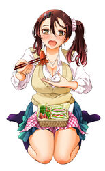  bento blue_skirt blush breasts brown_eyes brown_hair chopsticks cleavage commentary_request female food food_art full_body hair_between_eyes hair_ornament hairclip handkerchief highres holding holding_chopsticks incoming_food jewelry large_breasts long_hair long_sleeves looking_at_viewer necklace official_art open_mouth pink_scrunchie sandwich school_uniform scrunchie seiza side_ponytail sitting skirt sogabe_toshinori solo sweater_vest tako-san_wiener tsuruhashi_madoka yankee_jk_kuzuhana-chan yellow_sweater_vest 