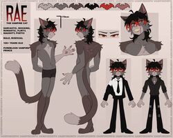  anthro bat_symbol black_hair black_tie_(suit) blood blood_from_mouth blood_in_mouth bodily_fluids clothing domestic_cat drinking drinking_blood english_text felid feline felis hair hi_res highlights_(coloring) male mammal model_sheet rae_(vampimorph) red_eyes red_hair solo suit text vampimorph vampire 