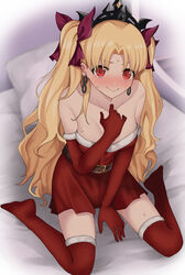  absurdres alternate_costume bare_shoulders belt blonde_hair blush bow brown_belt christmas closed_mouth collarbone commentary_request dress earrings elbow_gloves ereshkigal_(fate) fate/grand_order fate_(series) female fur-trimmed_gloves fur-trimmed_thighhighs fur_trim gloves hairbow highres indoors jewelry long_hair looking_at_viewer mixed-language_commentary no_shoes on_bed parted_bangs pillow red_bow red_dress red_eyes red_gloves red_thighhighs shadow sitting smile solo strapless strapless_dress sweat tanuki_(siutkm0228) thighhighs tiara two_side_up 