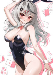  absurdres ace_(playing_card) ace_of_hearts animal_ears bow bowtie breasts card detached_collar female grey_hair hair_ornament hairclip heart highres hololive large_breasts leotard long_hair nine_of_hearts playboy_bunny playing_card rabbit_ears rabbit_tail red_bow red_bowtie red_eyes red_nails sakamata_chloe seven_of_hearts six_of_hearts snow-yuuki strapless strapless_leotard tail ten_of_hearts two_of_hearts virtual_youtuber wrist_cuffs 