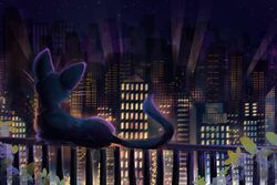  2024 3:2 ambiguous_gender big_ears black_body black_ears black_fur black_tail body_scar city detailed detailed_background domestic_cat feet felid feline felis feral fur head_tilt hi_res k_cookie_brooke leaf light little_kitty_(lkbc) little_kitty_big_city long_tail looking_away lying mammal night on_front on_rail outside plant prick_ears rails scar shadow shrub sky solo star tail whiskers window 