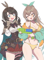  2girls ahoge aqua_eyes asymmetrical_legwear at_gunpoint belt bikini black_belt black_gloves black_hair bow breasts brown_cloak brown_corset brown_eyes brown_hair brown_thighhighs cape cleavage cleavage_cutout cloak clothing_cutout commentary contrapposto corset cosplay costume_switch crossed_bangs double-parted_bangs english_commentary feather_hair_ornament feathers frilled_skirt frills gloves green_bow green_cape green_jacket hair_between_eyes hair_ornament hairbow halterneck hands_up highres holding holding_water_gun hololive hololive_english hood hooded_jacket jacket knees_out_of_frame lantern leather_belt long_hair long_sleeves medium_breasts midriff miniskirt multicolored_clothes multicolored_hair multicolored_jacket multiple_girls nanashi_mumei nanashi_mumei_(1st_costume) nanashi_mumei_(cosplay) navel nervous_sweating off_shoulder official_alternate_costume one_eye_closed oozora_subaru oozora_subaru_(cosplay) oozora_subaru_(hololive_summer_2019) open_mouth partially_fingerless_gloves pleated_skirt pointing_gun pouch red_skirt shirt short_hair single_thighhigh skirt standing streaked_hair striped_bikini striped_clothes sweat swept_bangs swimsuit teeth thighhighs twitter_username two-sided_cape two-sided_fabric two-tone_jacket upper_teeth_only very_long_hair vinhnyu virtual_youtuber water_gun white_background white_hair white_shirt yellow_bikini yellow_jacket 