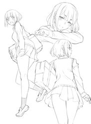  bag blush covering_ass covering_privates crossed_arms female from_behind full_body kneepits line_art loafers monochrome multiple_views oerba_yun_fang original profile ryuuta_(msxtr) school_bag school_uniform shoes short_hair skin_fang smile socks sweater_vest upskirt 